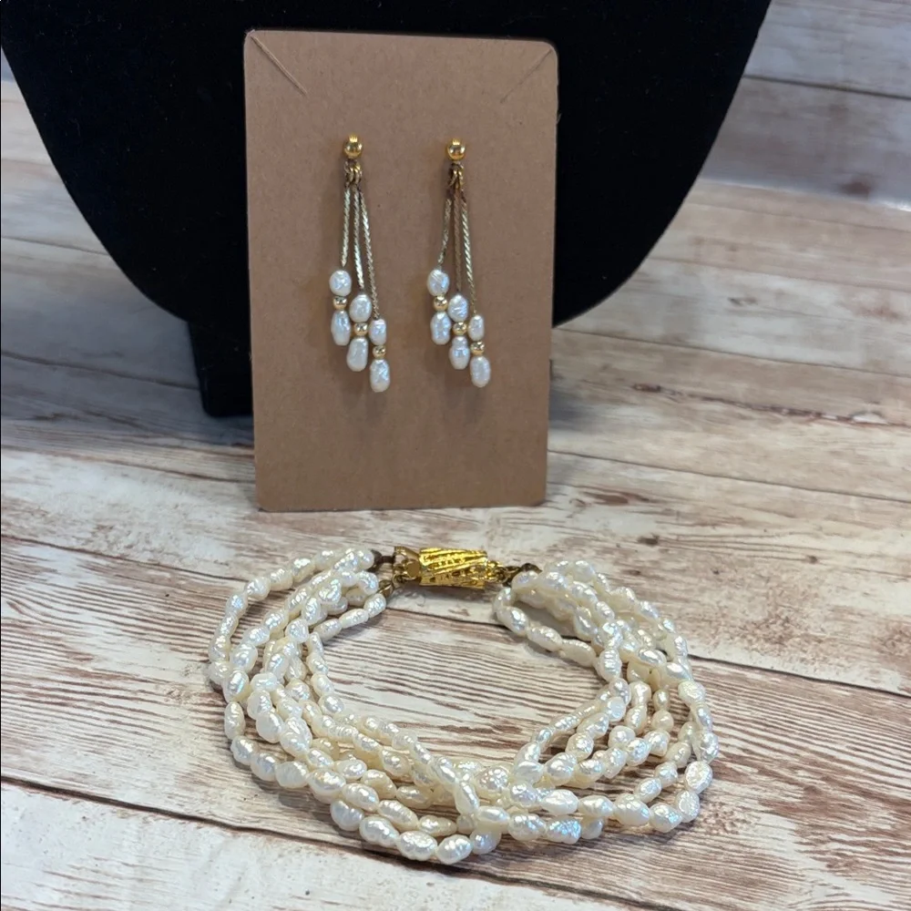 Elegant Multi-strand Freshwater Pearl Bracelet and Dangle Earrings Set